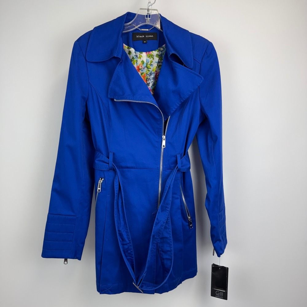 Black Rivet Womens Royal Blue Moto Trench Coat Floral Lining Blue Medium NWT
